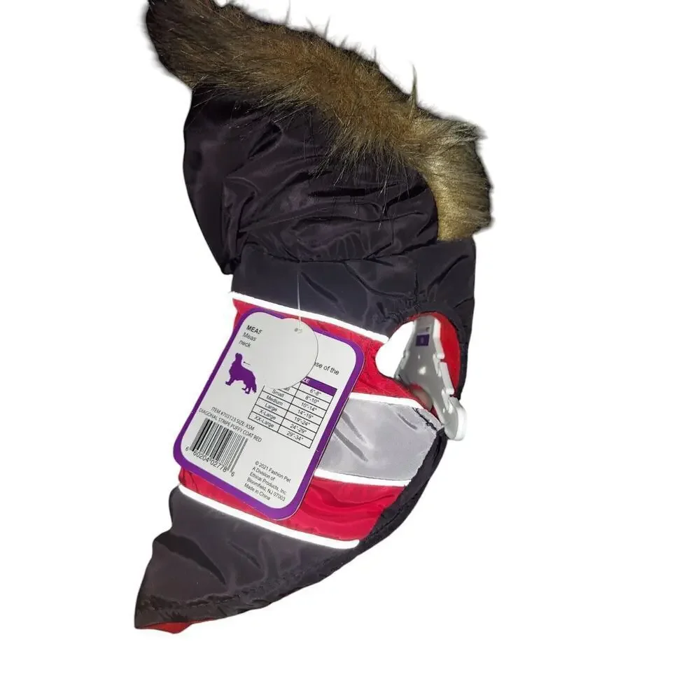 FASHION PET Diagonal Stripe Puffy Coat Red Gray Black XS With Faux Fur